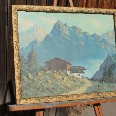 Lot 2-439: Antique/Vintage Framed Fine Art Print SIGNED Cottage Mountian Landscape 22" x 17.5" 