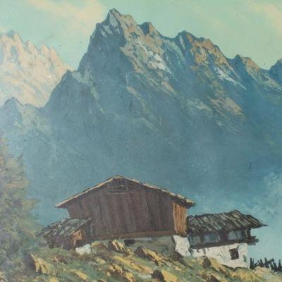 Lot 2-439: Antique/Vintage Framed Fine Art Print SIGNED Cottage Mountian Landscape 22" x 17.5" 