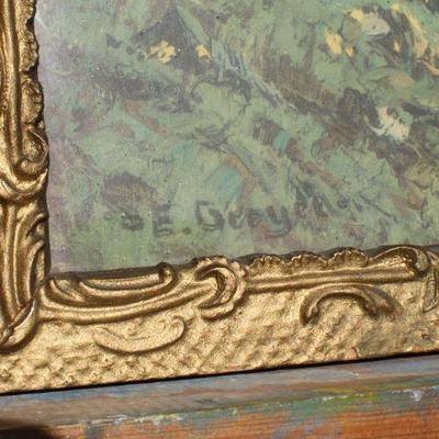 Lot 2-439: Antique/Vintage Framed Fine Art Print SIGNED Cottage Mountian Landscape 22" x 17.5" 