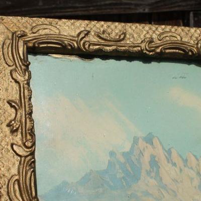 Lot 2-439: Antique/Vintage Framed Fine Art Print SIGNED Cottage Mountian Landscape 22" x 17.5" 