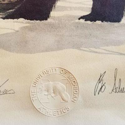 Lot 2-471: Vintage Raised Seal 1970's Official UNIVERSITY OF MICHIGAN Wolverine FINE ART PRINT Signed by HEAD COACH Bo Schenbeckler