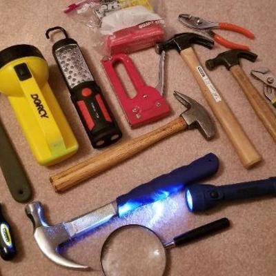 Lot 2-483: Bundle of Assorted Tools (Hammers, Flashlights, etc.)