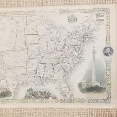 Lot 2-504: Antique/Vintage Map Print of UNITED STATES Framed 14.5" x 12.5"
