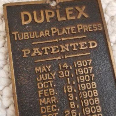 Lot 2-505: Antique Duplex Printing Press TUBULAR PLATE PRESS Patent Plate