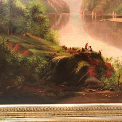2. Large gilded antique Framed oil painting of the Hudson River landscape, signed E. M. Pomeroy