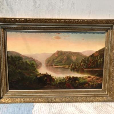 2. Large gilded antique Framed oil painting of the Hudson River landscape, signed E. M. Pomeroy