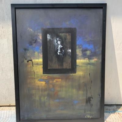 6. Framed Modern Art Oil Painting of A Monk in Abstract Surrounding, signed