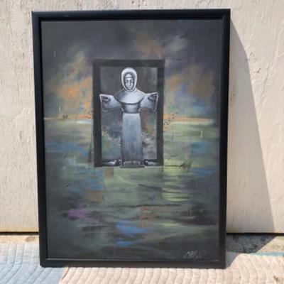 6. Framed Modern Art Oil Painting of A Monk in Abstract Surrounding, signed