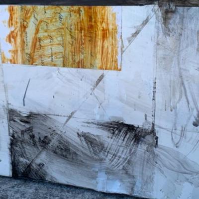 10. Unframed Painting of Table , signed, Mixed Media on Foam Core, Signed