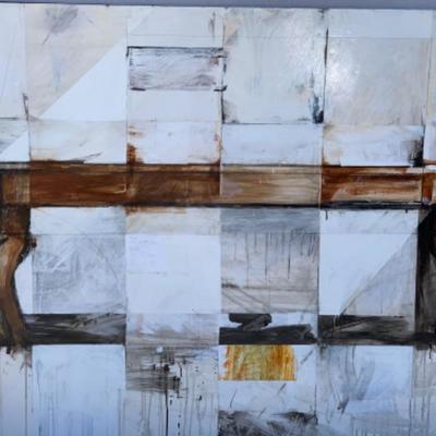 10. Unframed Painting of Table , signed, Mixed Media on Foam Core, Signed