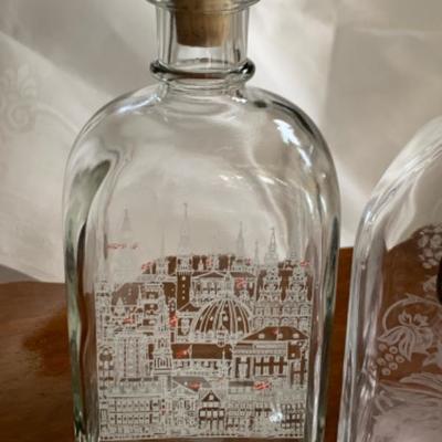 17. Crystal Decanters , Decorative Glass, Silver Plate Decanter Tags Made in England and Shot Glass Set