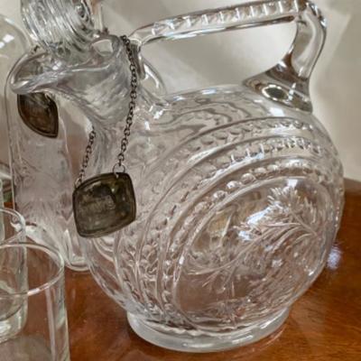 17. Crystal Decanters , Decorative Glass, Silver Plate Decanter Tags Made in England and Shot Glass Set