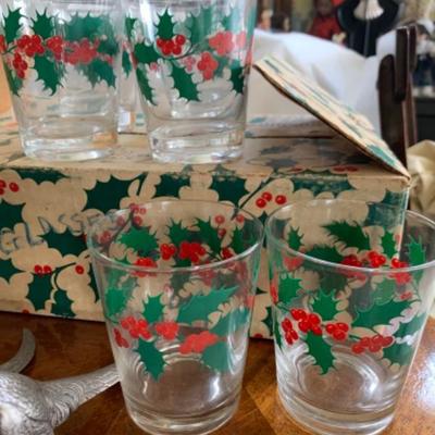 20. Lot of Christmas Table Ware, Decor, 6 Glass Tumblers, Coasters, Spode Serving Dishes, Italian Glass Candies, Glass Dessert Stand,...
