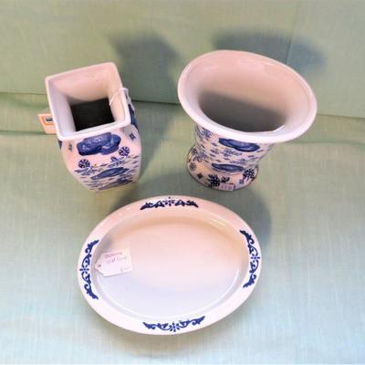 New Asian Motif Ceramic Blue Floral Vases & Oval Bowl by Accents & Occasions