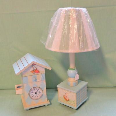 Russ Wooden Baby Boy Lamp and Clock NEW