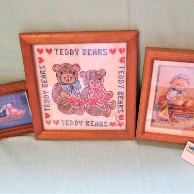 Children's Bear Needlepoint, Shadowbox Wood Frames Pictures