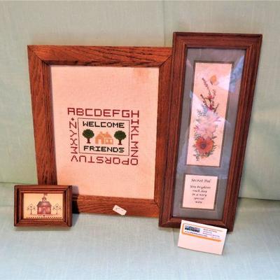 Handmade Vintage Sampler, Matted Flower Framed, Framed Schoolhouse ART LOT