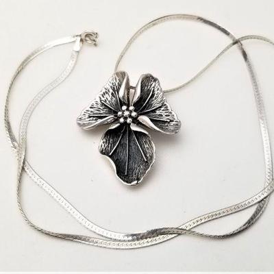 Lot #237  LATE ADDITION - Lovely Sterling Silver Pendant on Sterling Herringbone Chain - Passion Flower