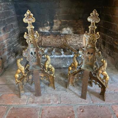 433: French Antique Fireplace Andirons Lions - Louis XV - Brass - 19th century