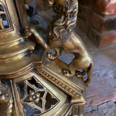 433: French Antique Fireplace Andirons Lions - Louis XV - Brass - 19th century