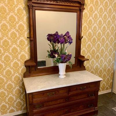 NEW ADD!  VICTORIAN EASTLAKE MARBLE TOP LOW DRESSER W/TALL CHEVAL MIRROR 