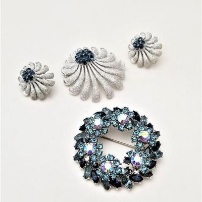 Lot #243  LATE ADDITION - Vintage Jewelry Lot - TRIFARI brooch/earring set, Blue rhinestone brooch
