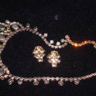 Gorgeous Chandelier Golden Rod Colored Rhinestone Drop Necklace & Clip Earrings MCM - 1950's Unsigned - RESERVE