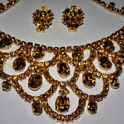 Gorgeous Chandelier Golden Rod Colored Rhinestone Drop Necklace & Clip Earrings MCM - 1950's Unsigned - RESERVE