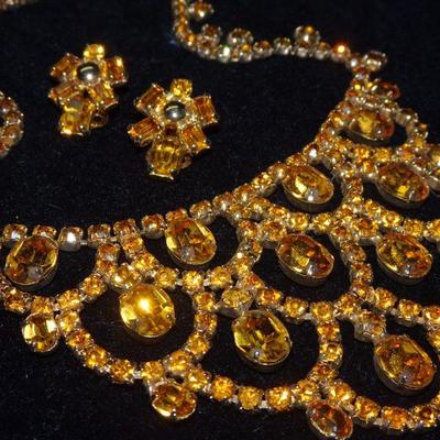 Gorgeous Chandelier Golden Rod Colored Rhinestone Drop Necklace & Clip Earrings MCM - 1950's Unsigned - RESERVE