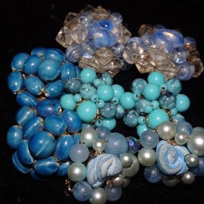 Vibrant Blue Mid Century Cluster Pearl, Glass & Crystal Bead Earrings (4) Signed Hong-Kong, Japan