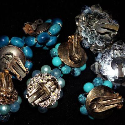 Vibrant Blue Mid Century Cluster Pearl, Glass & Crystal Bead Earrings (4) Signed Hong-Kong, Japan