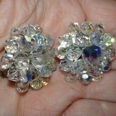 Mid Century Aurora Borealis, Luguna Like, Crystal Double Layer Necklace Cluster Clip Earrings - Like New, RESERVE, Wedding Jewelry