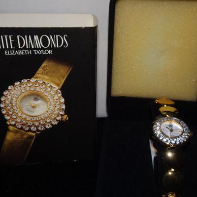 Vintage Elizabeth Taylor's Gold White Diamonds Signature Watch, Elegant, Classic, New, Never Worn, Macy's Gift with Purchase 
