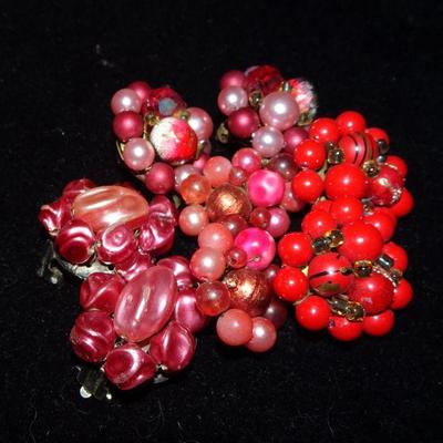 Mid Century Modern Ruby Red Cluster Clip On Earrings, Christmas Ready! Made in Japan & Hong Kong 