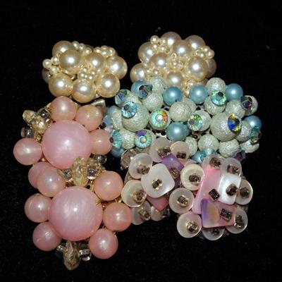 Mid Century Modern Pretty in Pink Pearl & Shell Cluster Earrings, Japan (4) pairs