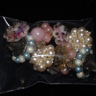 Mid Century Modern Pretty in Pink Pearl & Shell Cluster Earrings, Japan (4) pairs