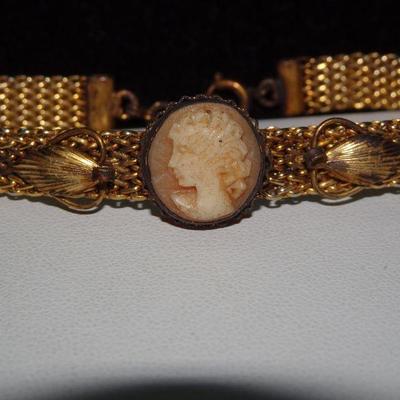 Vintage Victorian Style Gold-Tone Mesh Bracelet with Cameo Accent, Shell Cameo 