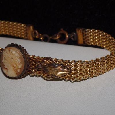 Vintage Victorian Style Gold-Tone Mesh Bracelet with Cameo Accent, Shell Cameo 