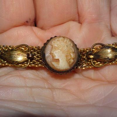 Vintage Victorian Style Gold-Tone Mesh Bracelet with Cameo Accent, Shell Cameo 