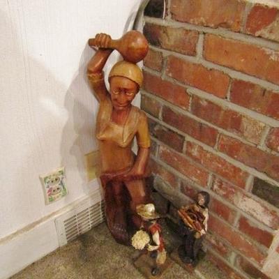 H-21  CARVED WOODEN LADY & 2 PAPER MACHE  FIGURES