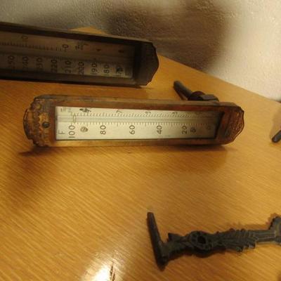 B-37  ANTIQUE THERMOMETERS & IRON WALL SCONCE