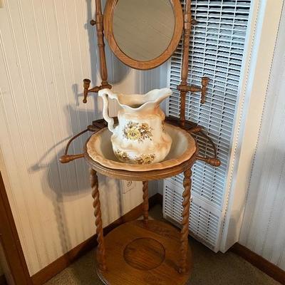 Antique Mirrored Wash Basin Stand with Pitcher & Bowl