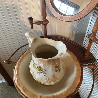 Antique Mirrored Wash Basin Stand with Pitcher & Bowl