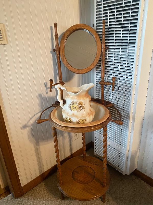 Antique Mirrored Wash Basin Stand with Pitcher & Bowl