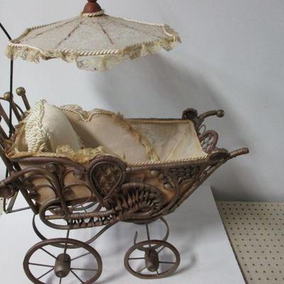 Lot 45 - Antique Wicker Doll Stroller Buggy With Parasol