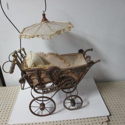 Lot 45 - Antique Wicker Doll Stroller Buggy With Parasol