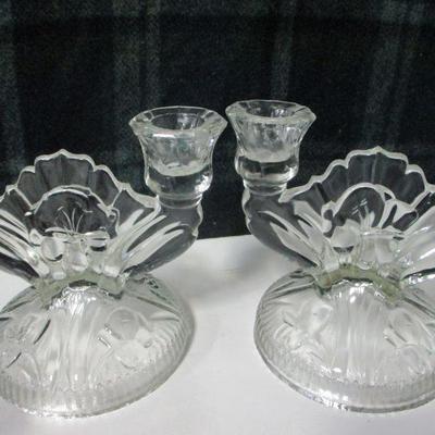 Lot 53 - Clear Glass Candle Holders & Decorative Bowl