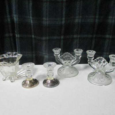 Lot 53 - Clear Glass Candle Holders & Decorative Bowl