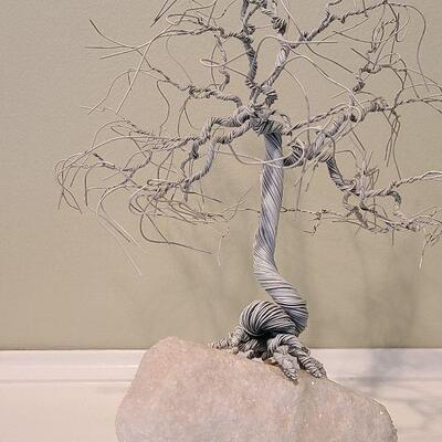 F1 Alabaster Owl Bookend & Sculpted Metal Tree On Quartz Base