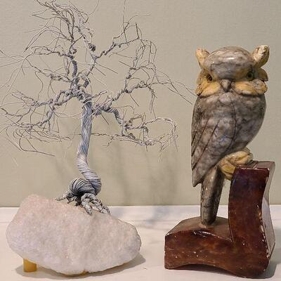 F1 Alabaster Owl Bookend & Sculpted Metal Tree On Quartz Base